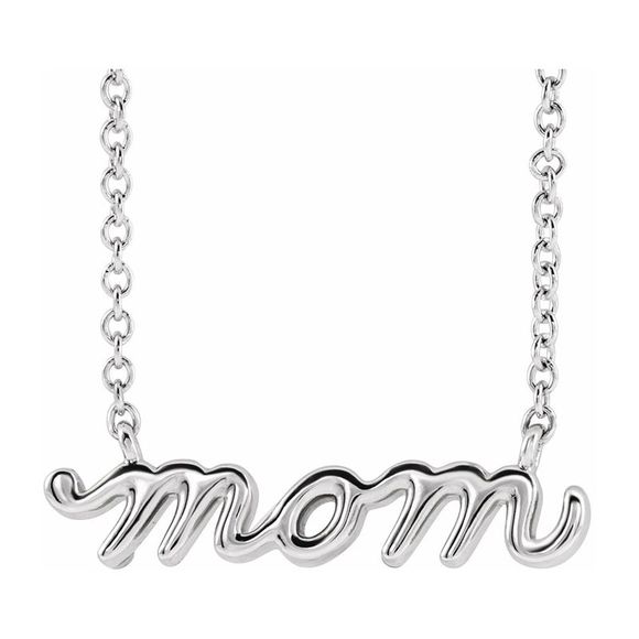 14K White Gold Petite Mom Script Necklace 16 Inch